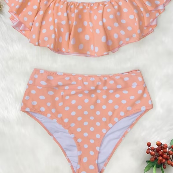 New Peach Polka Dot Ruffled Bikini - Picture 2 of 3